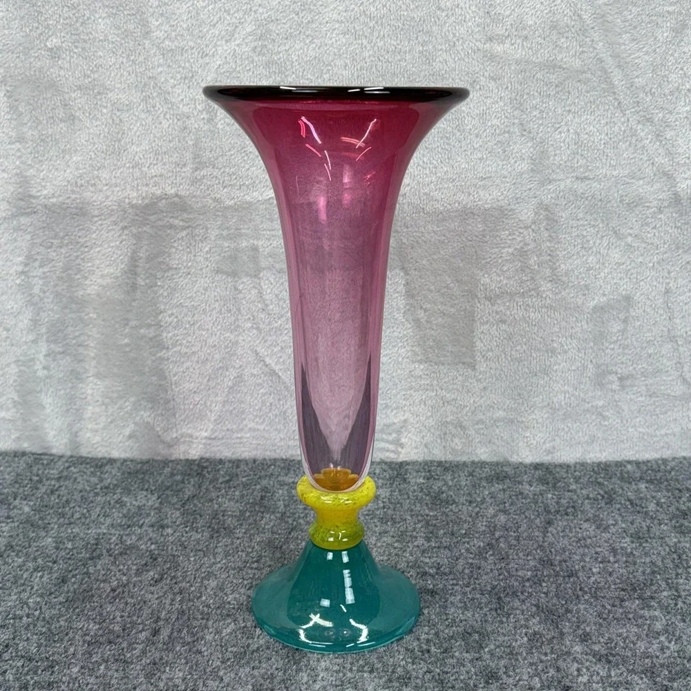 Hand Blown Glass Trumpet Vase Cranberry Teal Base Yellow Knob 12.5